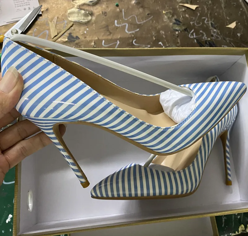 

Fairy Style Light Blue and White Pinstripe Patent Leather Pointed High Heels 10cm Stiletto Shallow Mouth Sexy Trend Single Shoes