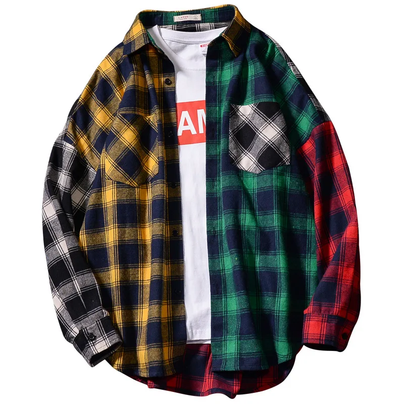 

Hong Kong Style Plaid Long Sleeve Shirt For Men And Women Couple Loose Color Hip Hop Trend Thin Coat Spring Autumn Men Shirts