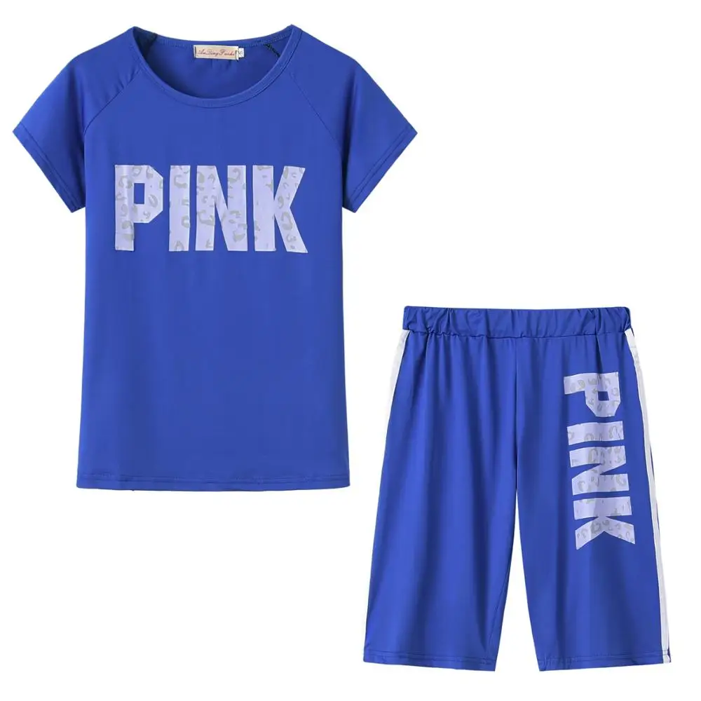 

SWEETKAMACasual 2pcs Outfits Pink Letter Print Woman Two Pieces Sets New Summer Rompers Sexy Striped T-Shirts&Pants