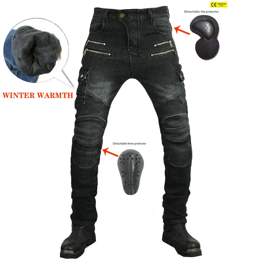 New Winter Fleece Warm Motorcycle Leisure Moto Pants Motocross Outdoor Riding Zipper Jeans With Protective Equipment Knee Pads