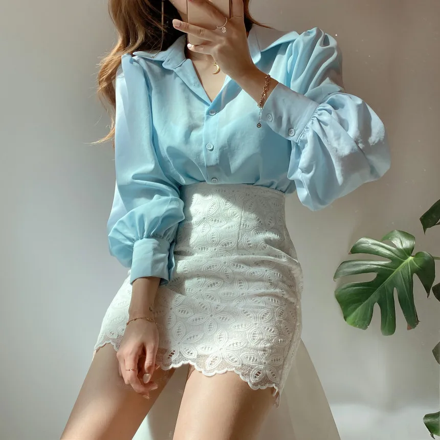 

Womens 2021 New Fashion Blouse Solid Puff Sleeve Tops Female OL Long Sleeve Blusa Casual Button Down Lapel Shirt Oversize