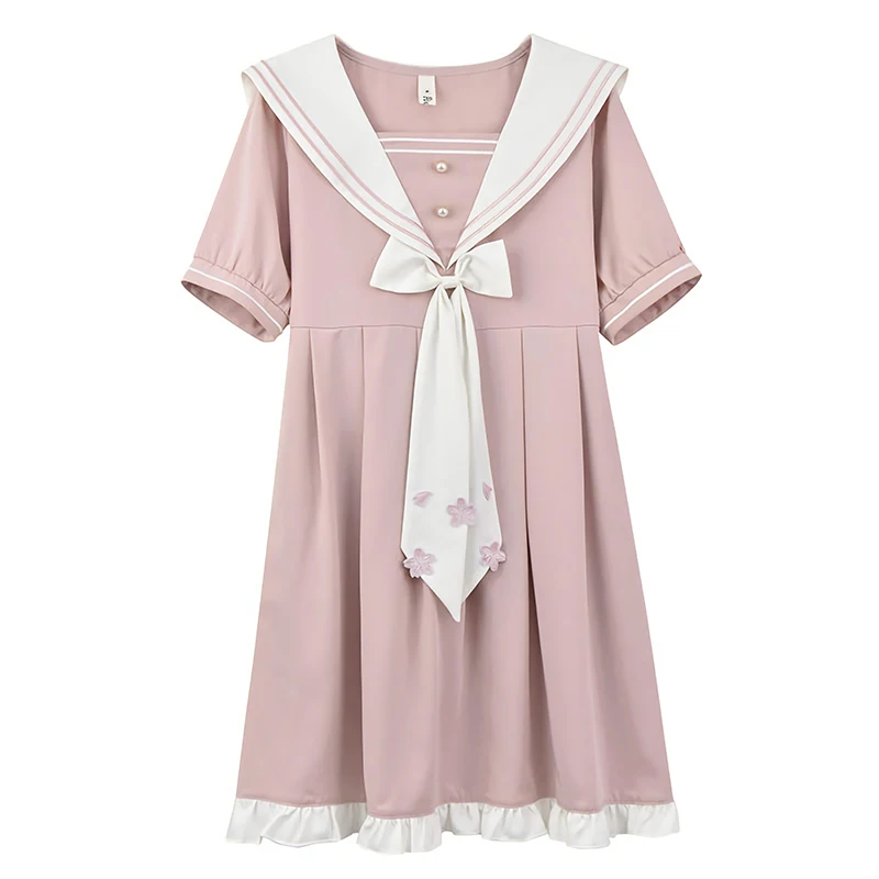 

French Preppy Style Pink Dress Kawaii Sailor Collar Summer Women's Dress 2021 Lolita Ruffles Japanese Style Harajuku Dresses