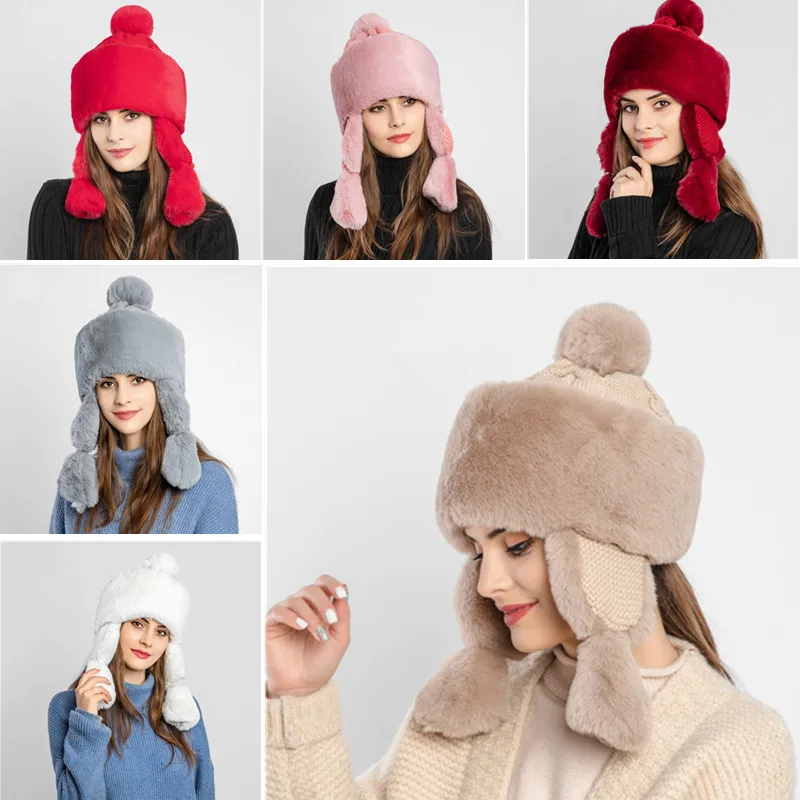 

8 Colors Creative Fashion With Earmuff Women Windproof Rabbit Fur Warm Caps Bomber Hats Winter Outdoor Lady Ski
