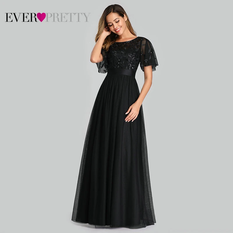 Black Robe De Soiree блестящие вечерние платья Длинные Ever Pretty EP00904GY A-Line o-образным вырезом с коротким рукавом Вечерние платья женские элегантные платья - Цвет: Black