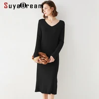 suyadream 2021 winter knitted long dresses 100wool ribs v neck long pullovers 2021 fall winter sweaters for woman beige khaki