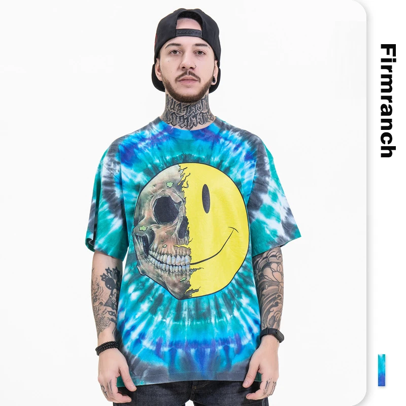 

Firmranch 2021 T-shirt For Men/Women Tie-dye Skull Smile Face Art Print T-shirt Classic Summer Blue Short Sleeve Loose Large