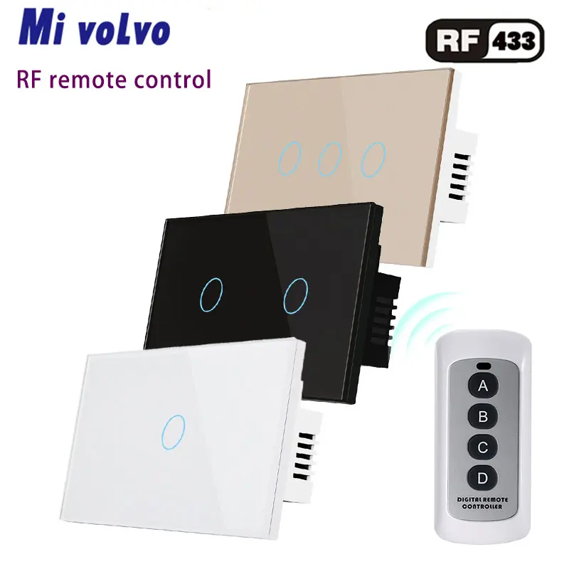 

Wireless touch switch RF433 remote control AC110V 240V 1/2 / 3gang tempered glass panel US standard light switch