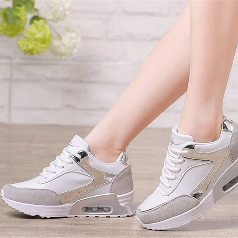 Bling Platform Wedge Sneakers Leather Casual Shoes for Women Black White Sneakers Lace-up Chunky Shoes Women Sport Sneakers