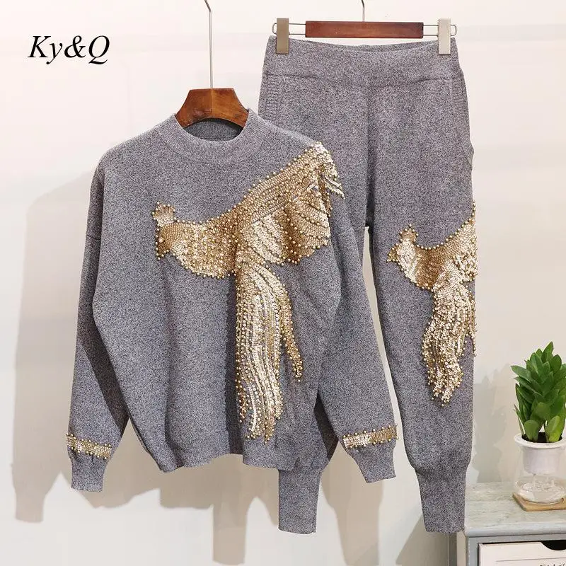 Runway Brand 2019 Women Sequined Beaded Phoenix O-neck Fashion Streetwear Sweater Pullover 2 Pieces Winter Christmas Luxury Chic | Женская