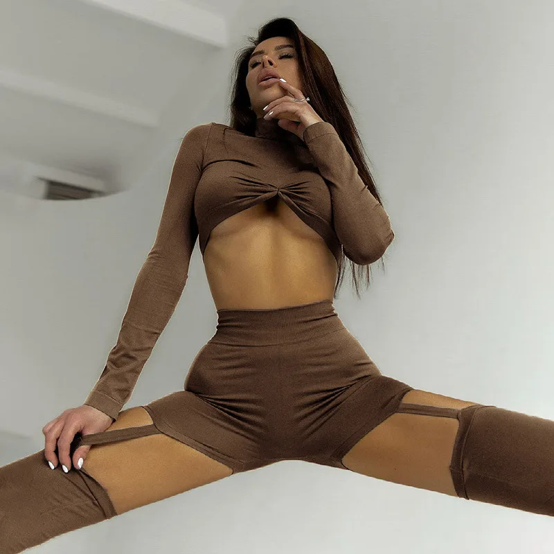 2021 Fall New Women's Sexy Sports Yoga Casual Suit Ladies Long Sleeve Elastic Crop Shorts Sweat |