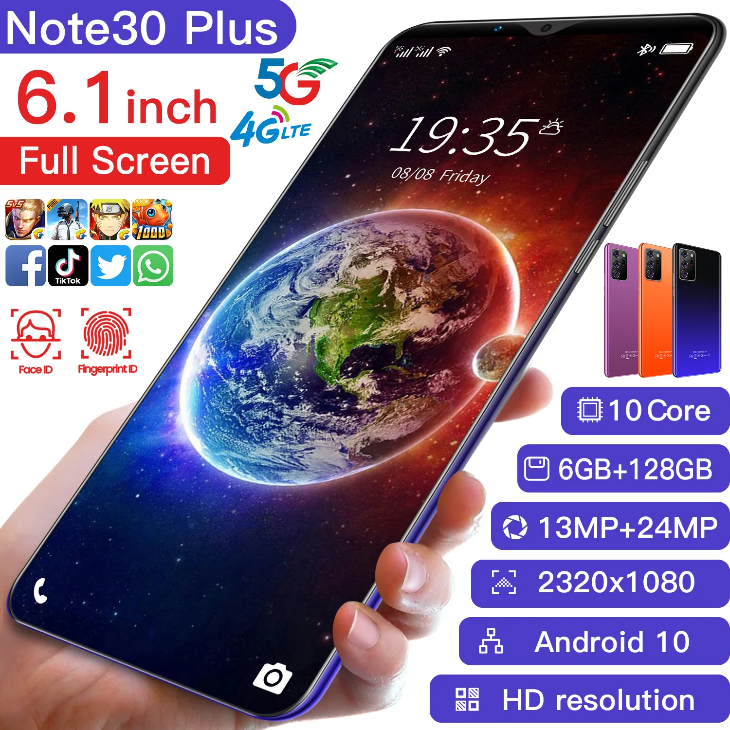 

Note30 Plus 6.1 Inch 2320*1080 6+128GB 4800mAh 13MP+24MP Fingerprint ID Andriod Cellphones Dual SIM+Micro SD MTK6889 Smartphone