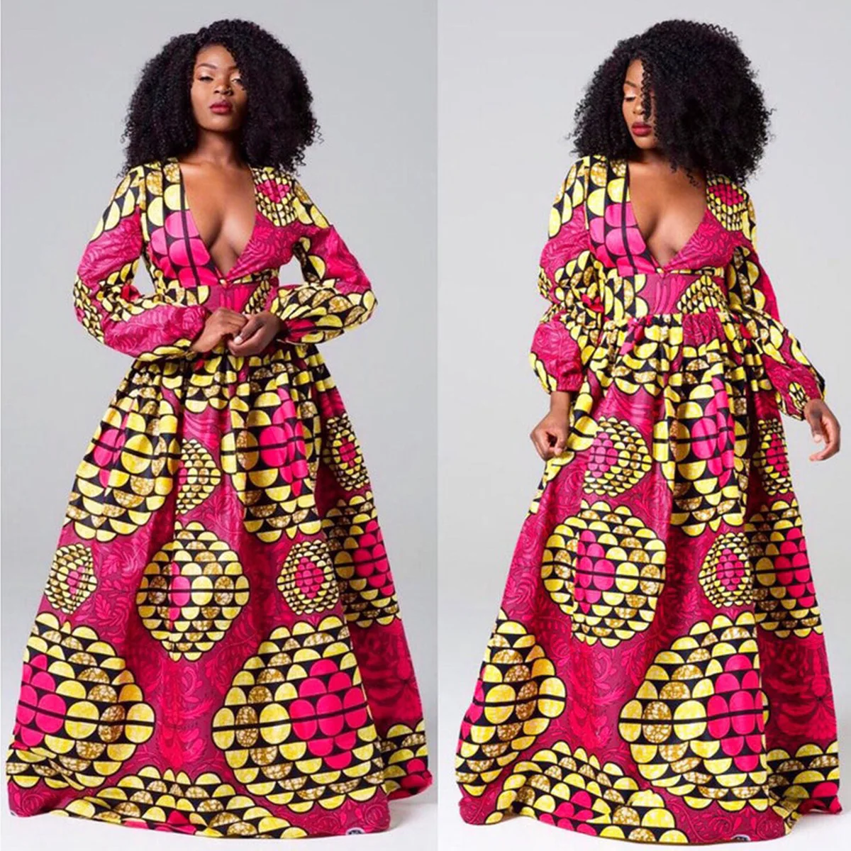 

Новинка 2020, африканские платья для женщин, одежда в африканском стиле Дашики на осень и зиму, женская одежда с длинным рукавом и V-образным вы...
