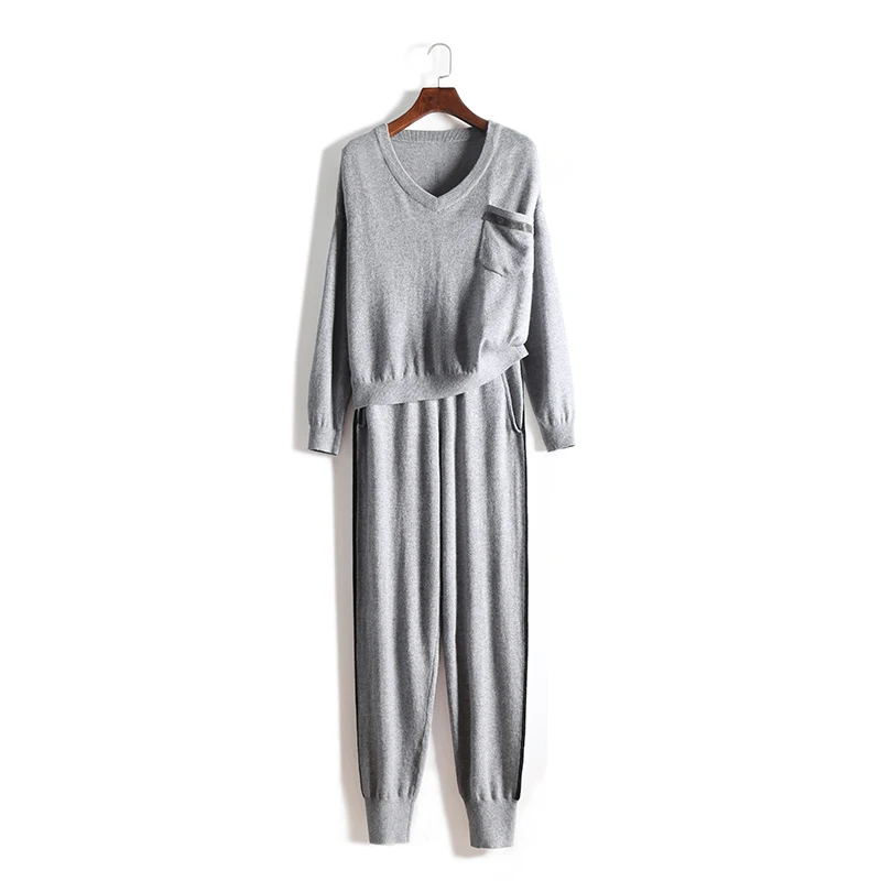 

2020 Drawstring Wool Women's Knit Suit Sweater Trousers Playful Small Pocket Temperament V-neck Cashmere Warm 2 Piece Pullover