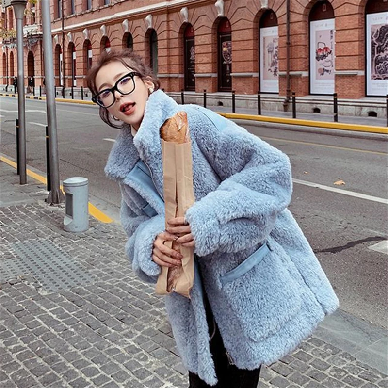 

2020 autumn and winter granular fleece top loose casual furry warm standing collar sheep wool women's jacket lambswool M392