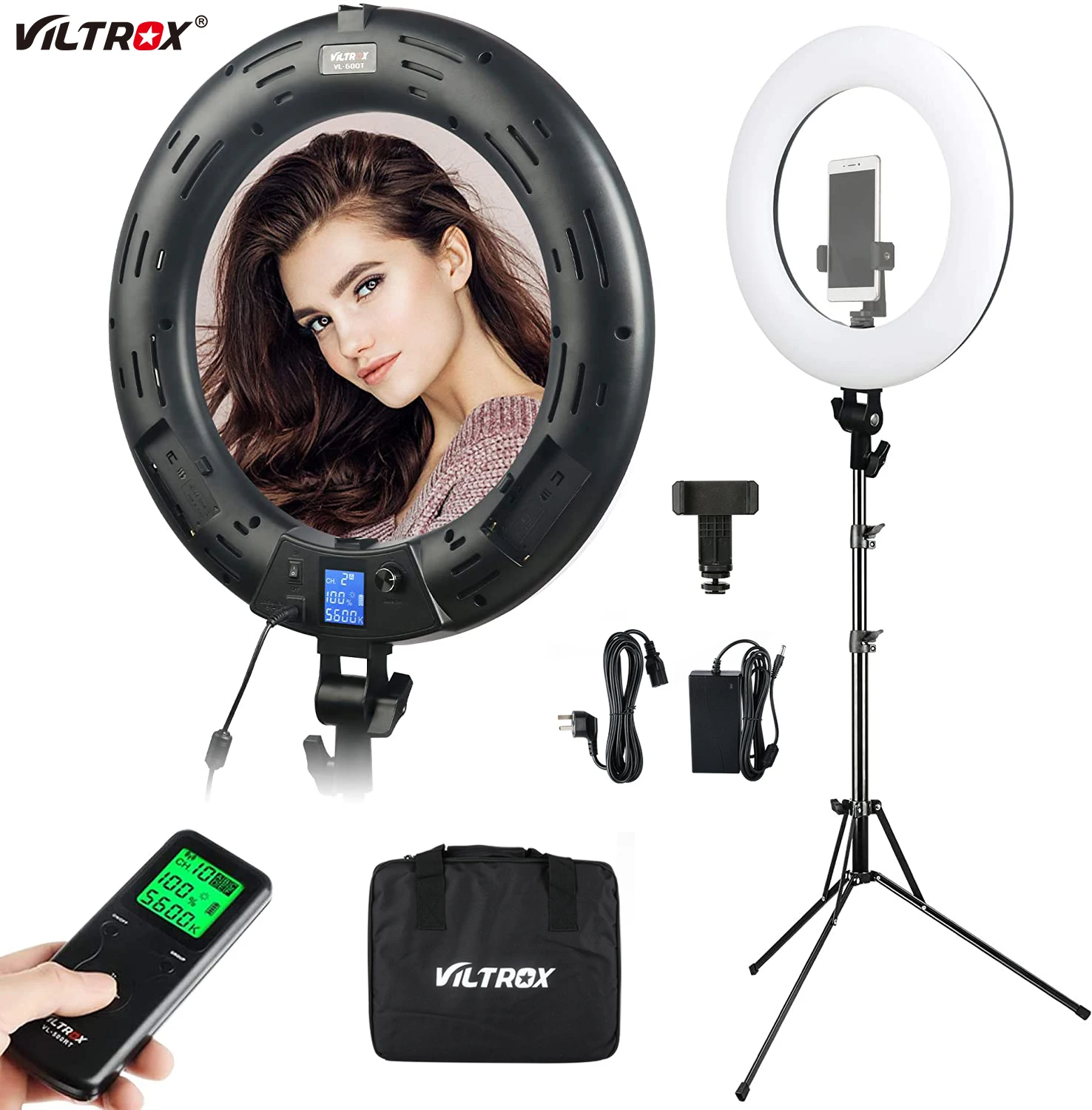 

Viltrox VL-600T 45 Вт 18-дюймовый светодиодный кольцевой светильник с беспроводным пультом дистанционного управления, штатив, двухцветный светодио...