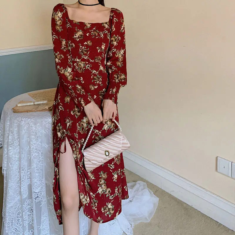 

Elegant Floral Dress Women Long Sleeve Midi Vintage Dress Square Collar French Retro Sexy Party Dress 2021 Spring Korean Style
