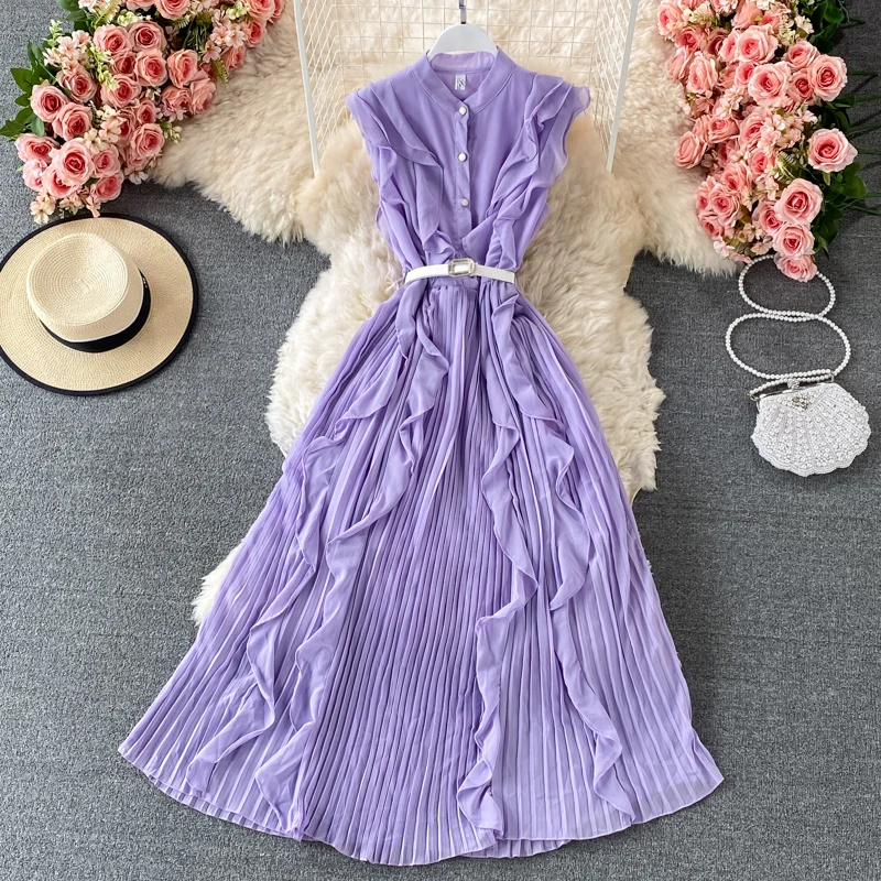 Mixi-vestido plisado Vintage liso para mujer, vestido elegante de gasa rosa con volantes sin mangas para vacaciones y Playa 2021