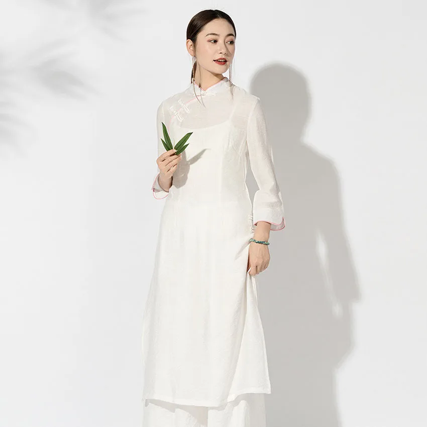 White full sleeve Женское винтажное Восточное китайское платье, тонкая льняная хлопковая верхняя одежда, Азиатский Vietnem Ao Dai, однотонная одежда с длинным рукавом для девочек в стиле мори - Цвет: White full sleeve