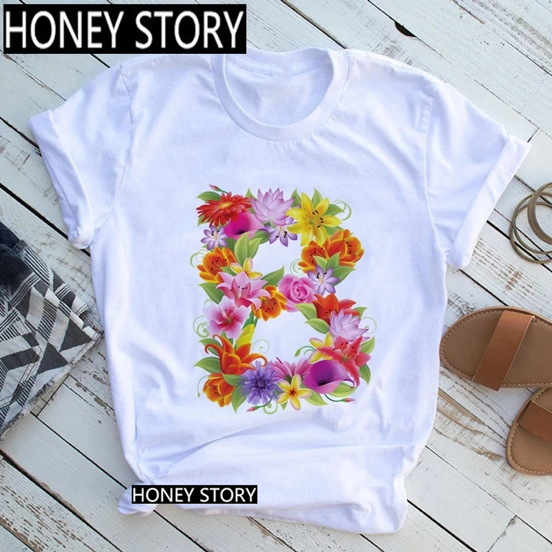 

Female Ulzzang Summer Tops Tees Floral Flower Letter Aesthetics Women Print T-shirt Girl 90s Clothes,Dropshipping