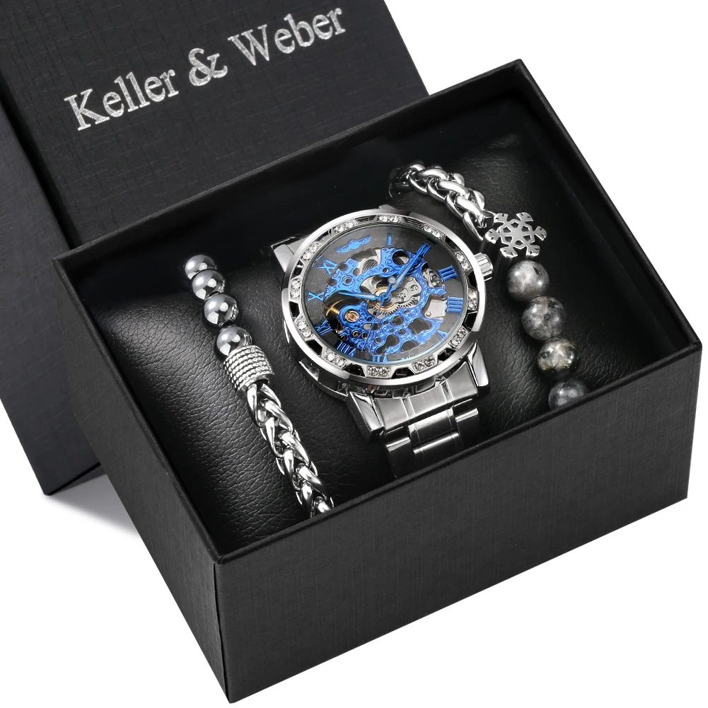 

Punk Transparent Skeleton Manual Mechanical Men Watches with 2 Bracelets Folding Clasp Stainless Steel Male Wrist Watch Sets