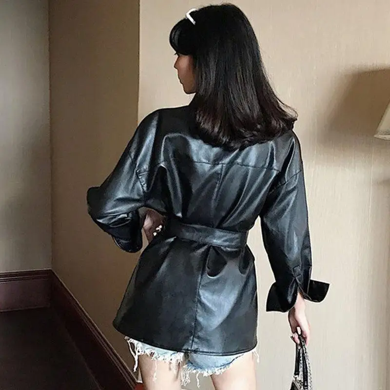 

Bella philosophy Autumn Motorcycle Pu Leather Jacket Women Sashes Leather Coat Belted Outwear Grunge Style Street Bomber Jackets