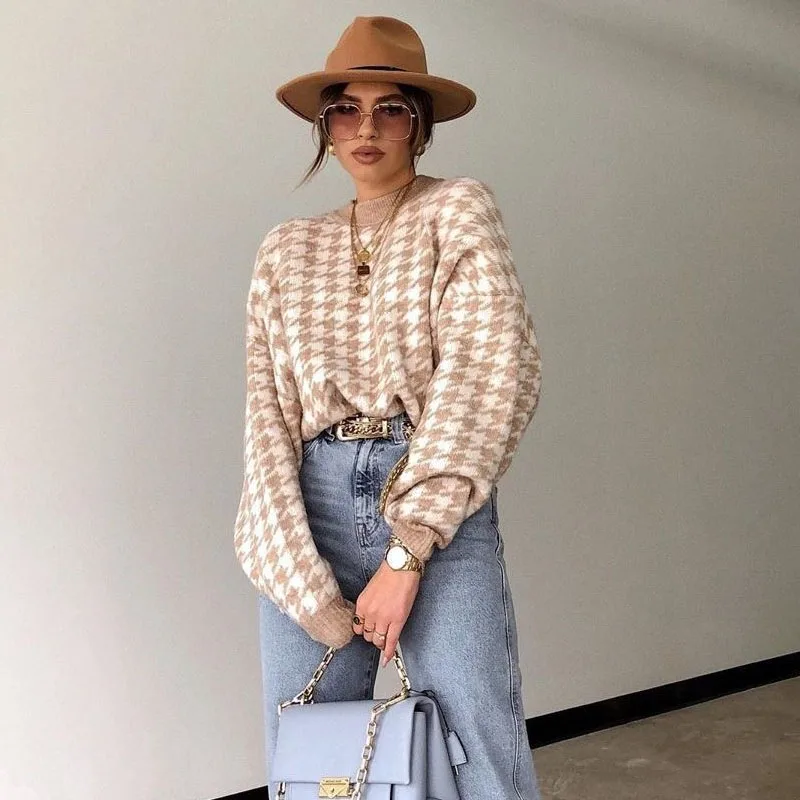 

New Women's Dress In Autumn and Winter 2020 Geometric Thousand Bird Lattice Knitting Leisure Retro Pullover Sweater
