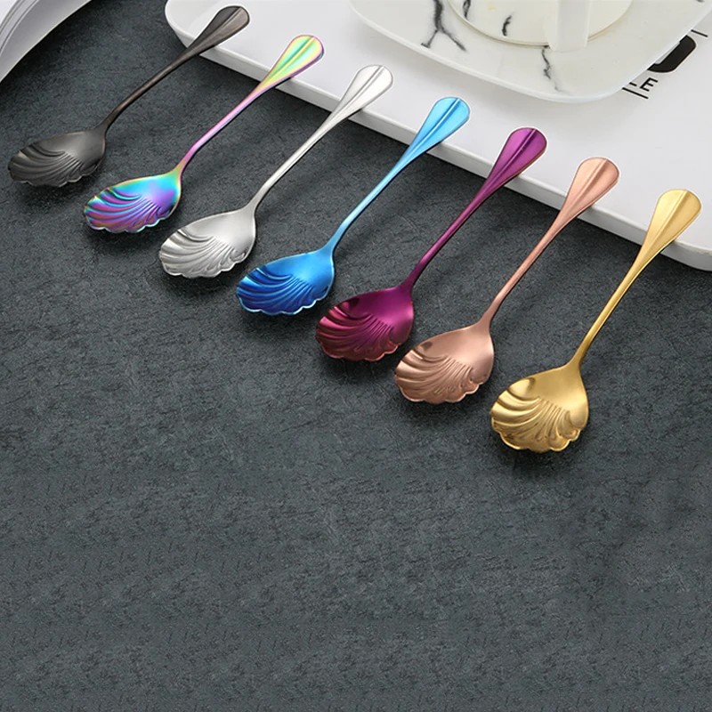 Оболочки Форма Кофе ложка Нержавеющая сталь красочные чайных ложек с рисунком