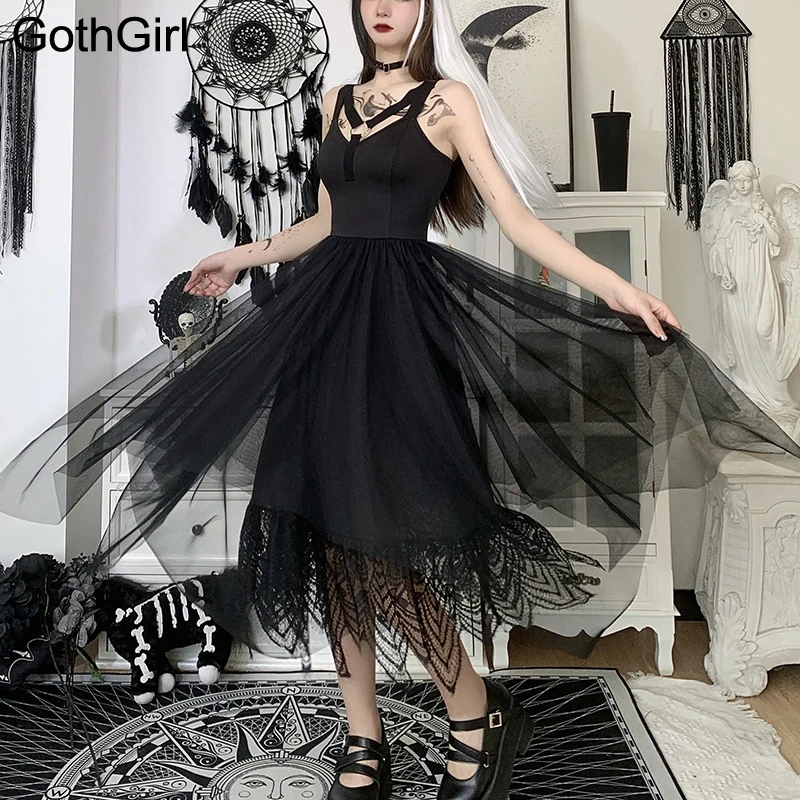 

Женское винтажное платье Goth, черное Сетчатое платье-корсет с открытой спиной и высокой талией, летнее платье-миди в стиле панк, 2021