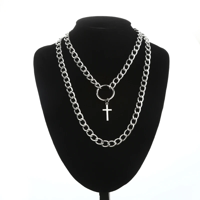KPOP Layered Chain Necklace for Women Men Punk Fashion Cross Pendants Grunge Aesthetic Egirl Alternative Goth Jewelry Gifts
