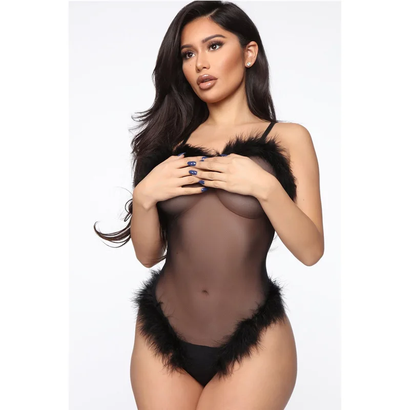 

Mesh Sheer Sexy Lingerie Bodysuit Erotic Spaghetti Strap Jumpsuits for Women Feather Patchwork Wear Xmas Christmas Costume