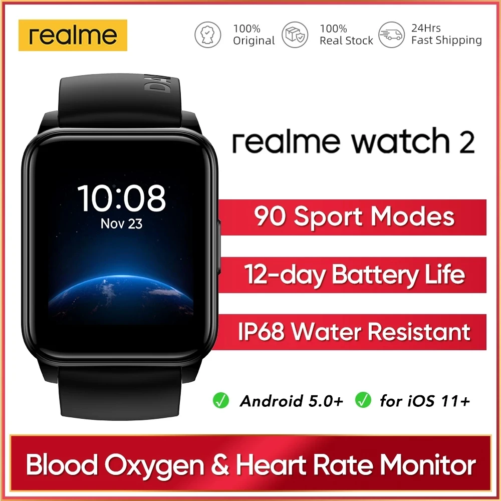 

Оригинальные Смарт-часы Realme Watch 2, 90 спортивных режимов, 12 дней работы от батареи, уровень кислорода в крови и пульсометр, водонепроницаемые ч...