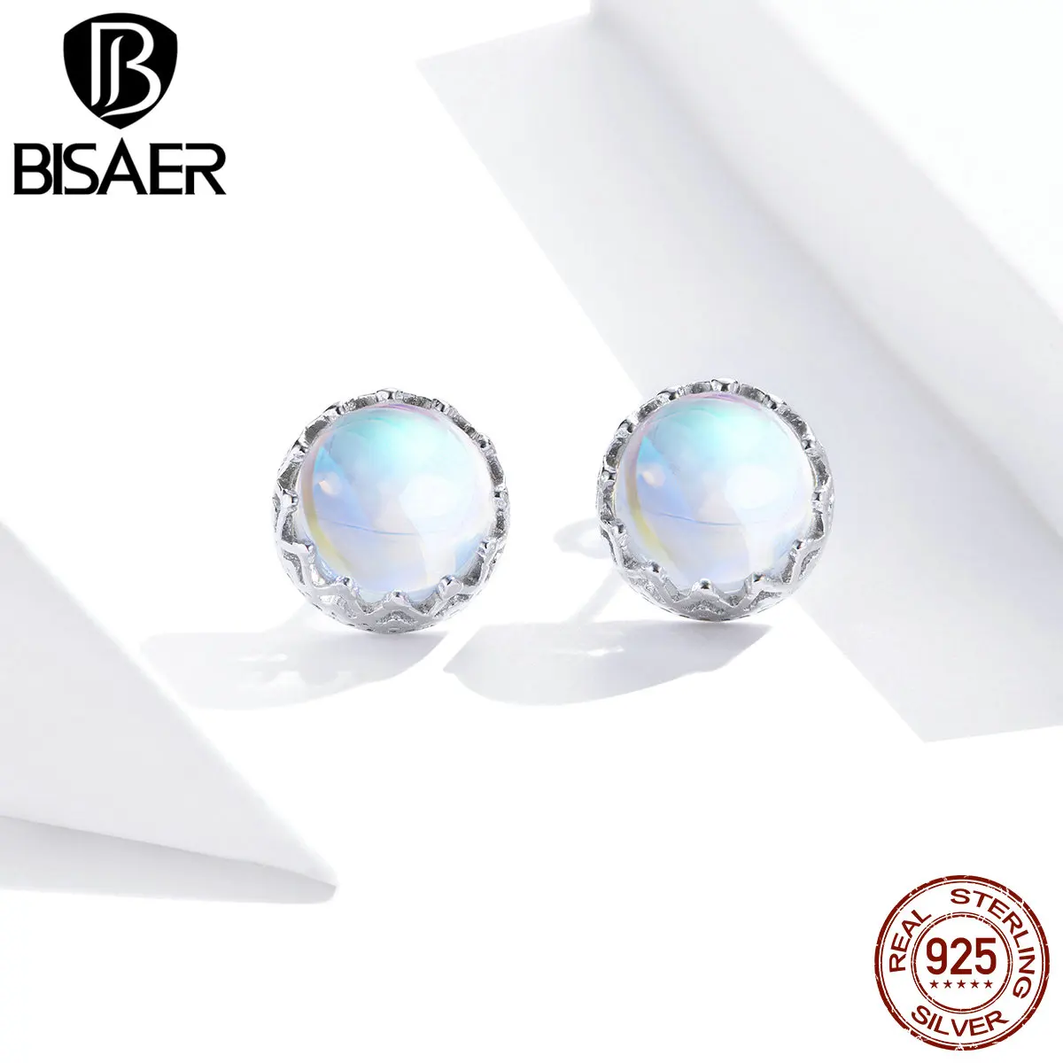 

Серьги-гвоздики BISAER с короной из лунного камня женские, классические маленькие серьги из стерлингового серебра 925 пробы, хороший подарок, из...