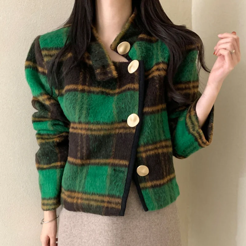 

Fashion Contrast Color Plaid Irregular Jacket Women's Spring 2022 New O-neck Loose Single Breasted Long Sleeve Coat Female