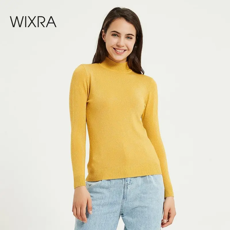 Фото Женский однотонный Блестящий свитер Wixra вязаный с высоким воротником и длинными