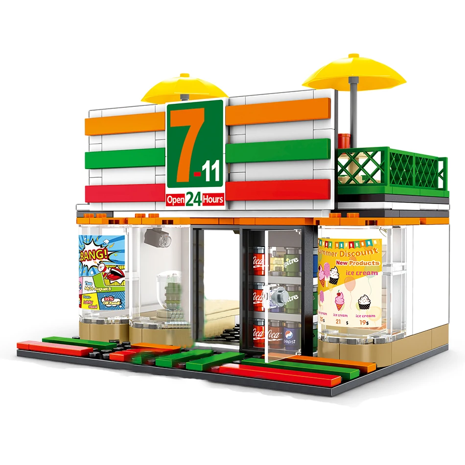 Хит lepining city architecture mini Street view 7 11 удобный магазин строительные блоки модель мини