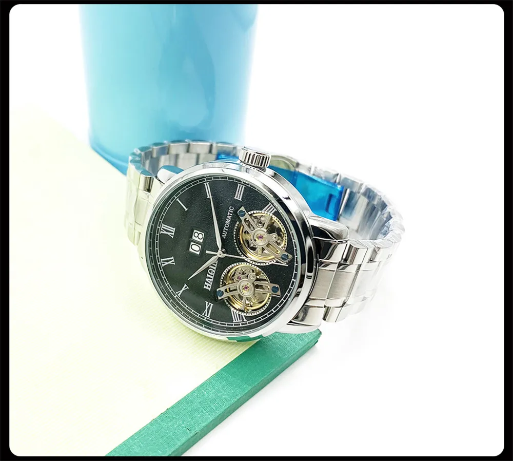 HAIQIN Men Mechanical Automatic Double Tourbillon Calendar Stainless Steel Wrist Watches Top Brand Luxury Military Male Clock