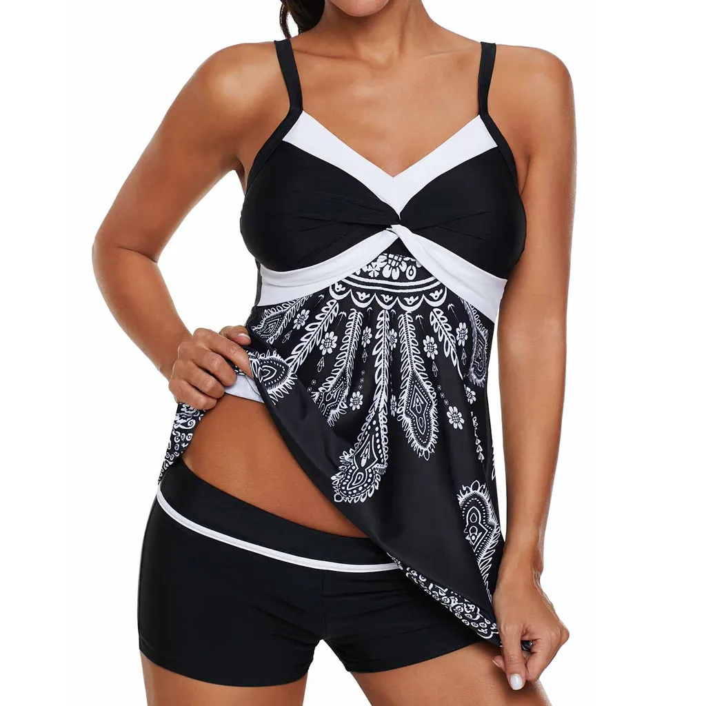 Танкини с винтажным принтом большого размера женский купальный костюм пляжная