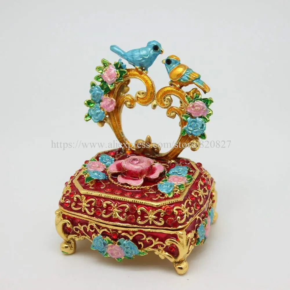 Винтажная ручная роспись Love Birds Faberge яйцо Горный Хрусталь Шкатулка для бижутерии двойные ювелирные изделия с изображениями птиц коробка