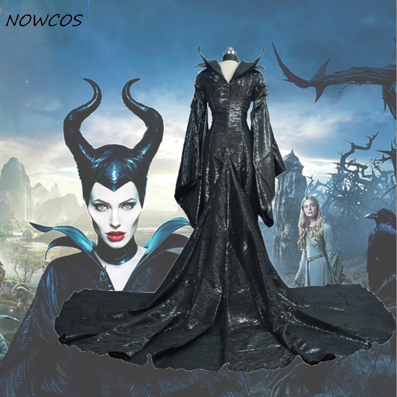 Черный длинный кожаный плащ Maleficent для взрослых, Женский карнавальный костюм на Хэллоуин, костюм Ангелина, плащ ведьмы для косплея, платье+ рога
