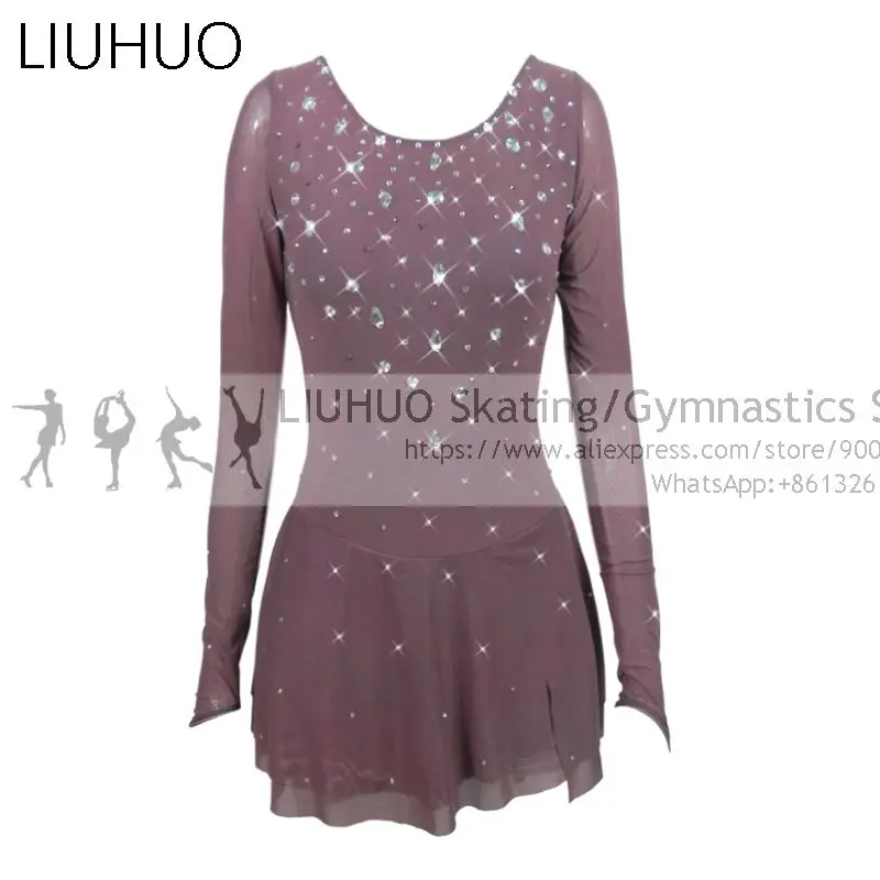 

LIUHUO Custom Figure Skating Dress Girls DUSTY MAUVE flatback rhinestones Quality Crystals Long Sleeves for Ice Skating dress