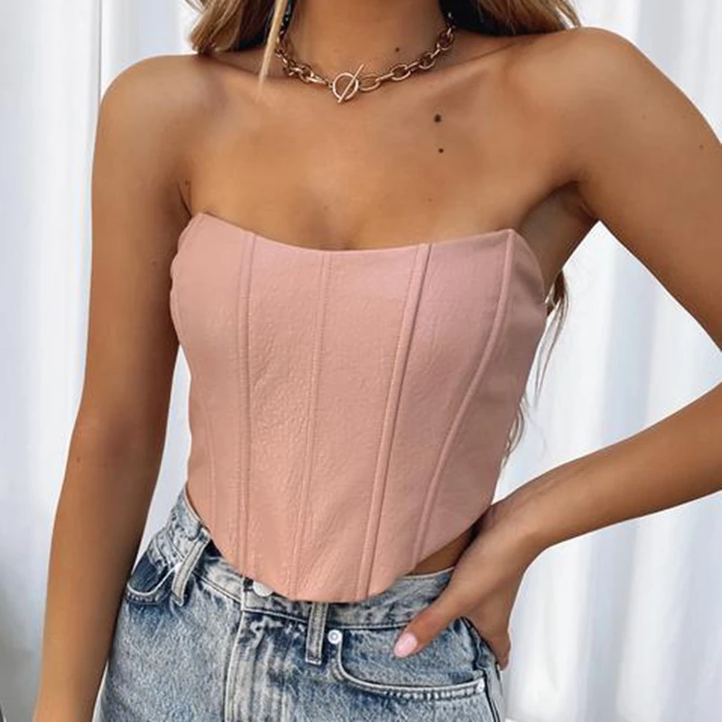 

Pu Leather Bustier Corset Sexy Backless Zipper Off Shoulder Tube Crop Top Strapless Camis Slim Fit Bodycon Vest Push Up Clubwear