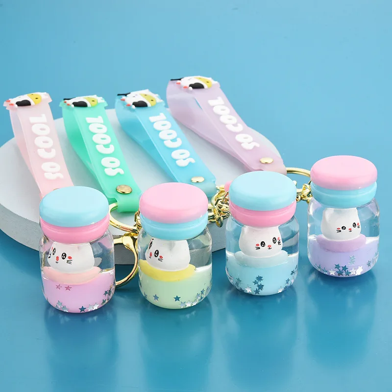 

Cartoon Cat Quicksand Sequins Bottle Key Chain Woman Girl Party Festivals Souvenir Car Bag Pendant Key Ring Accessories Gift