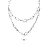 light luxury punk creative pearl pendant stainless steel double chain stitching zircon cross necklaces