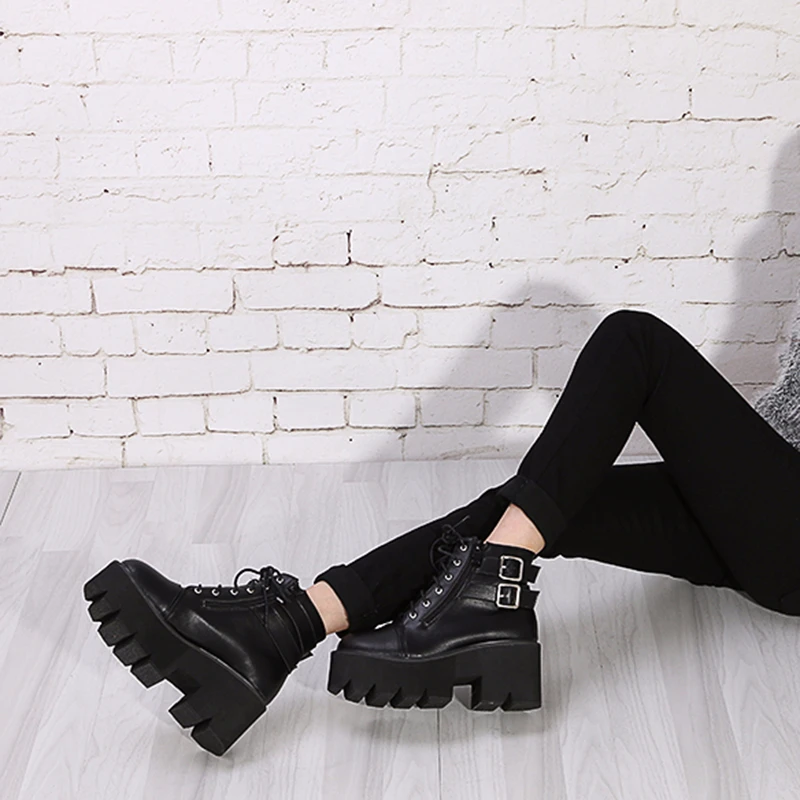 

lace up Boots 2019 Fashion Thick Heel Ankle Boots Women High Heels Autumn Winter Woman Shoes punk boots platform shoes 25