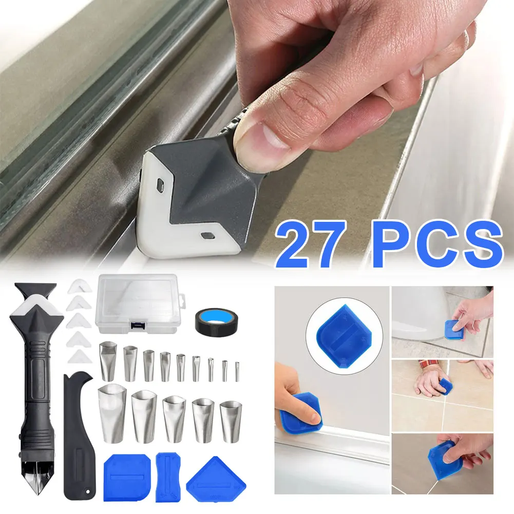 

Hot New 3 in 1 Metal Spatula Nozzle Smear Polished Grout to Scrape Kitchen Bathroom Windows 27 pcs Box Tool Parts