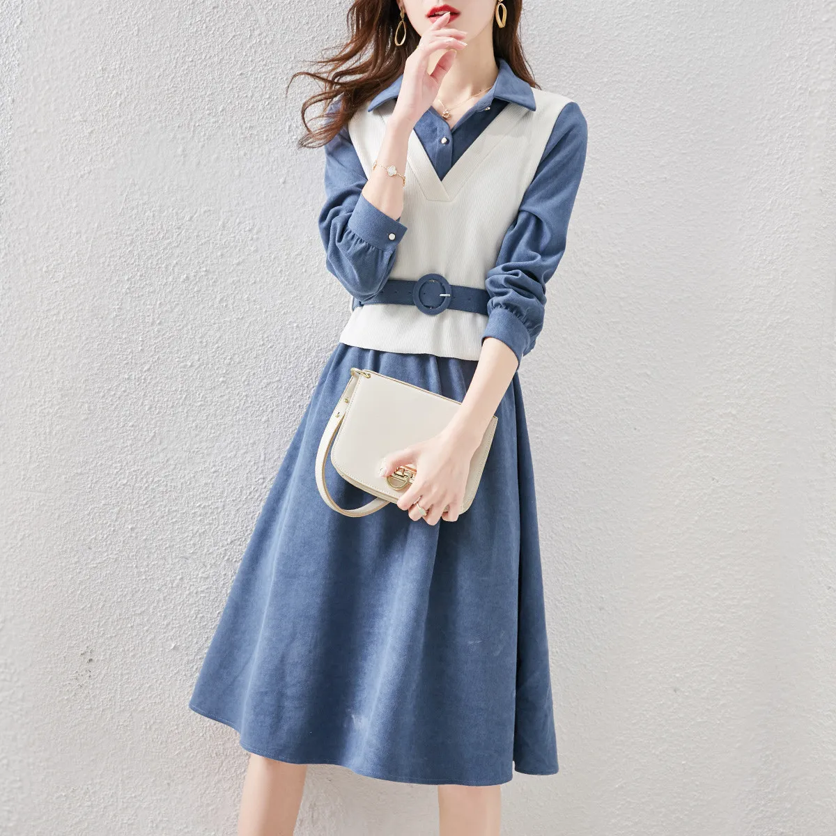 

Vest Fake Two-piece Skirt 2021 Spring and Autumn New Korean Style Waist Slim Fashion Dress Female Elegant Temperament Dress