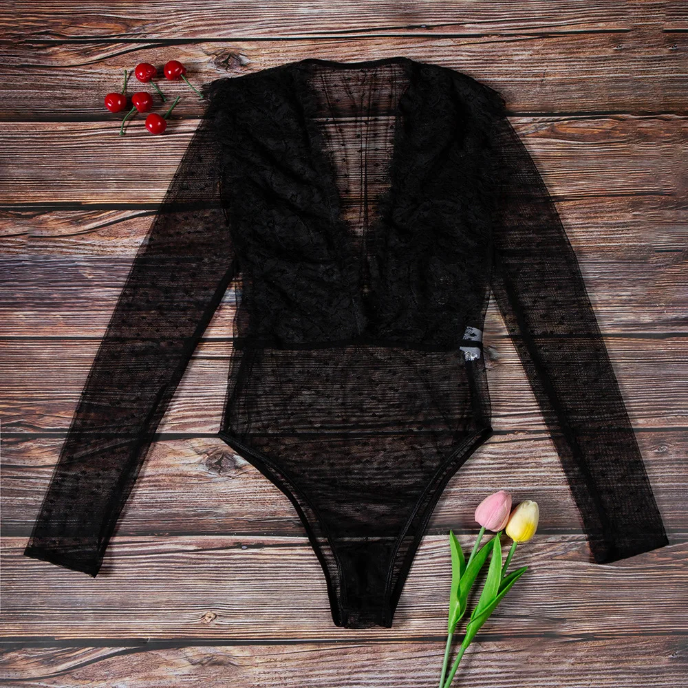 

Deep V-Neck Embroidered Bodysuit Women Sexy Lingerie Dot Women's Underwear Long-sleeved Exotic Costumes Body Transparent Woman