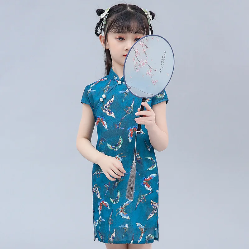 Шелковистое платье Ципао с цветочным рисунком для маленьких девочек детское