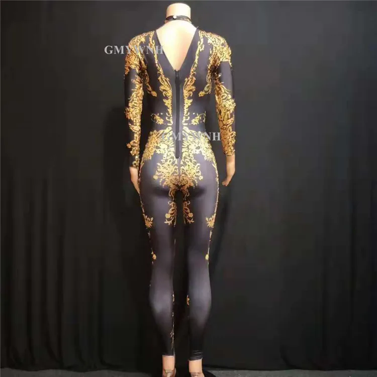 W82 сексуальное платье для танца на шесте Стразы комбинезон золотистого и черного