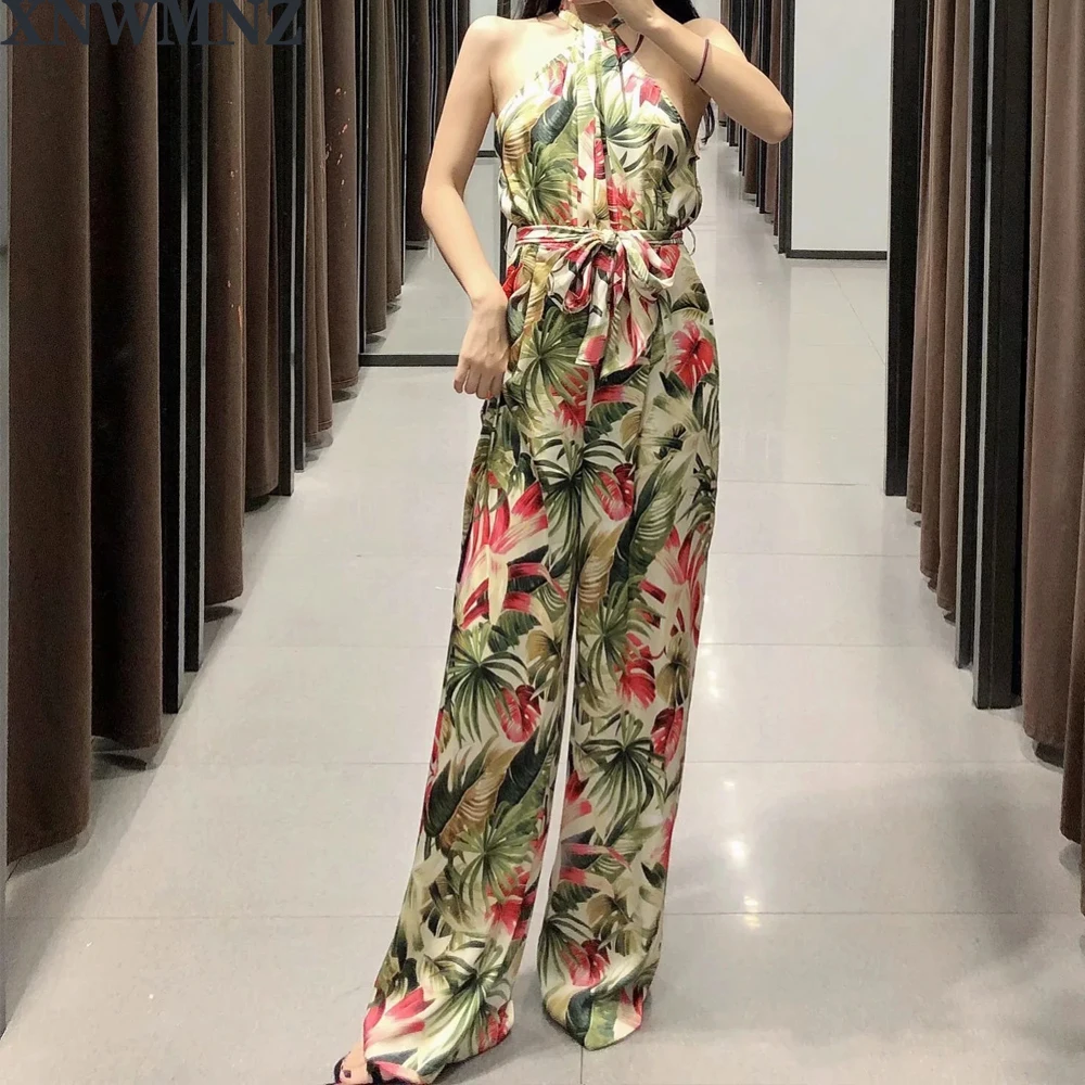 XNWMNZ za Summer Beach Style Halter Jumpsuits Women Fashion Loose Printed Jumpsuit Women Elegant Long Jumpsuits Female Ladies